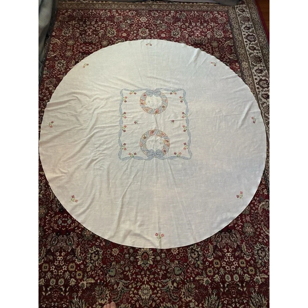 Vintage Handmade Round Table Cloth Country Goose 34.5” Diameter Cottagecore